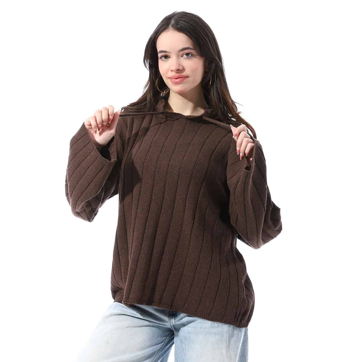 Chunky_vertical_rib-knitted_Pullover_-_Brown