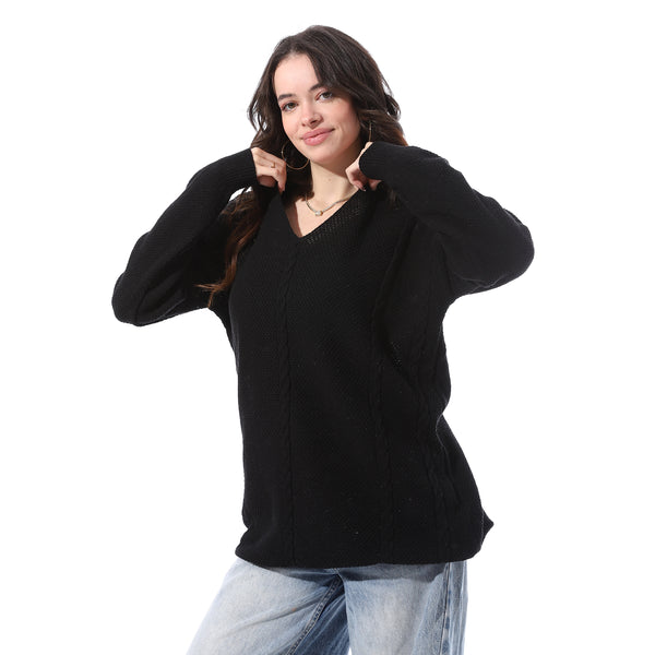 Knitted_Loose_V-Neck_Pullover_-_Black