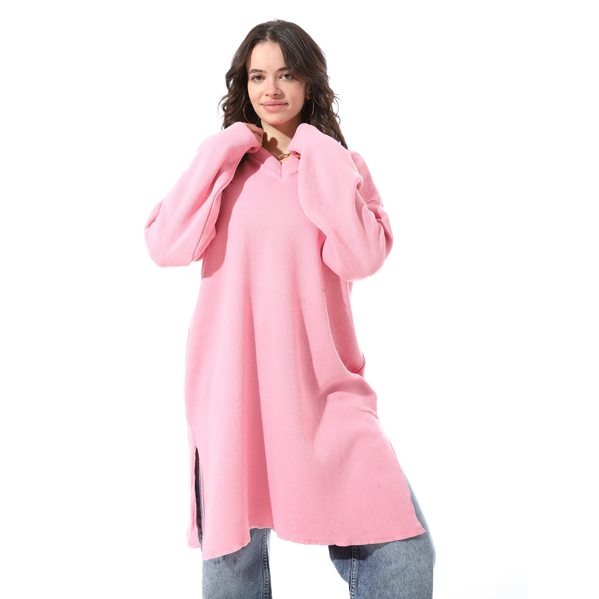 V-Neck_Loose_Fit_Long_Pullover_With_Slits_-_Rose
