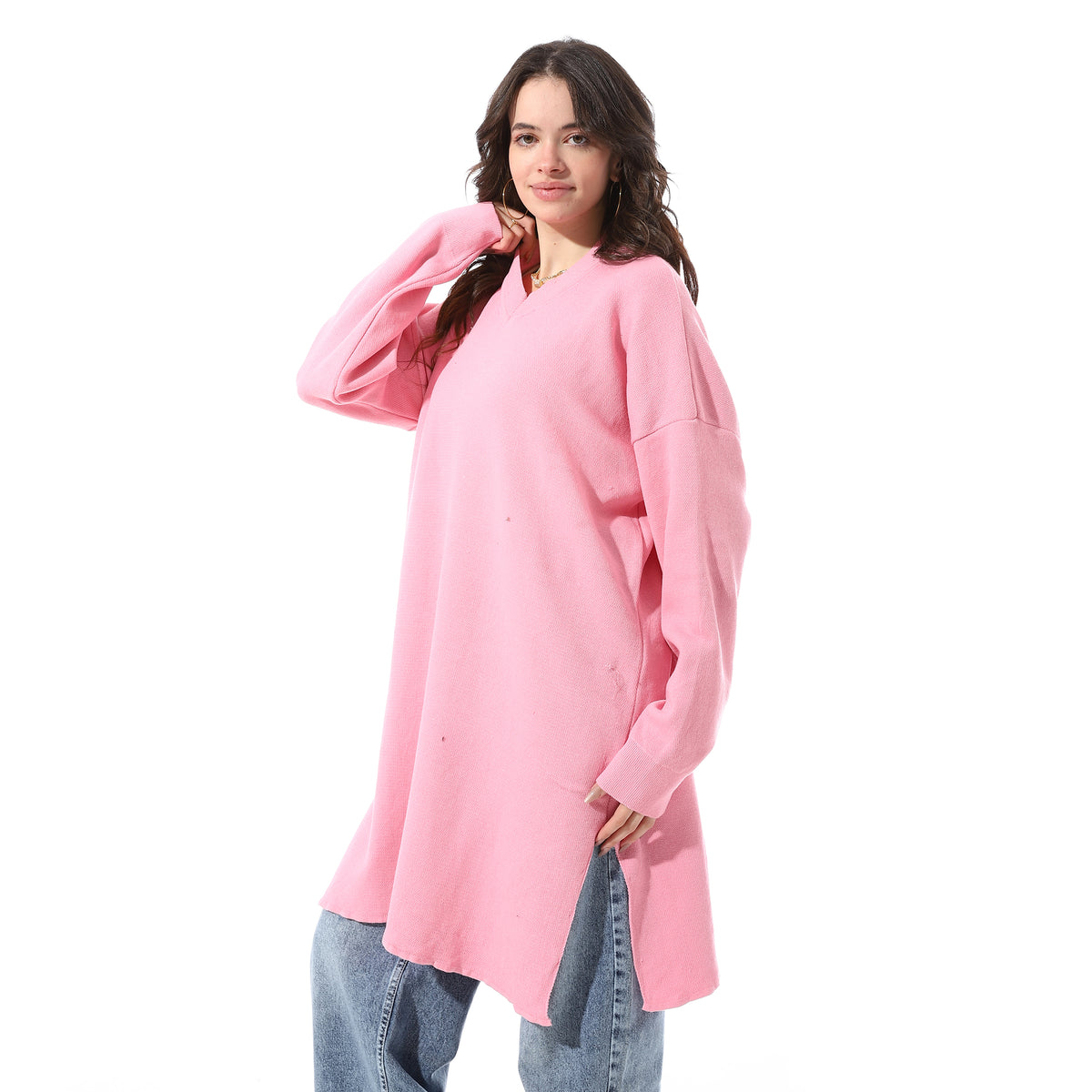 V-Neck_Loose_Fit_Long_Pullover_With_Slits_-_Rose
