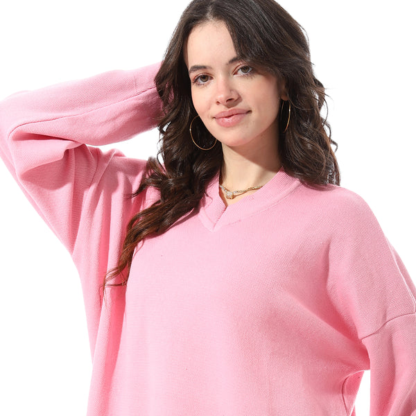 V-Neck_Loose_Fit_Long_Pullover_With_Slits_-_Rose