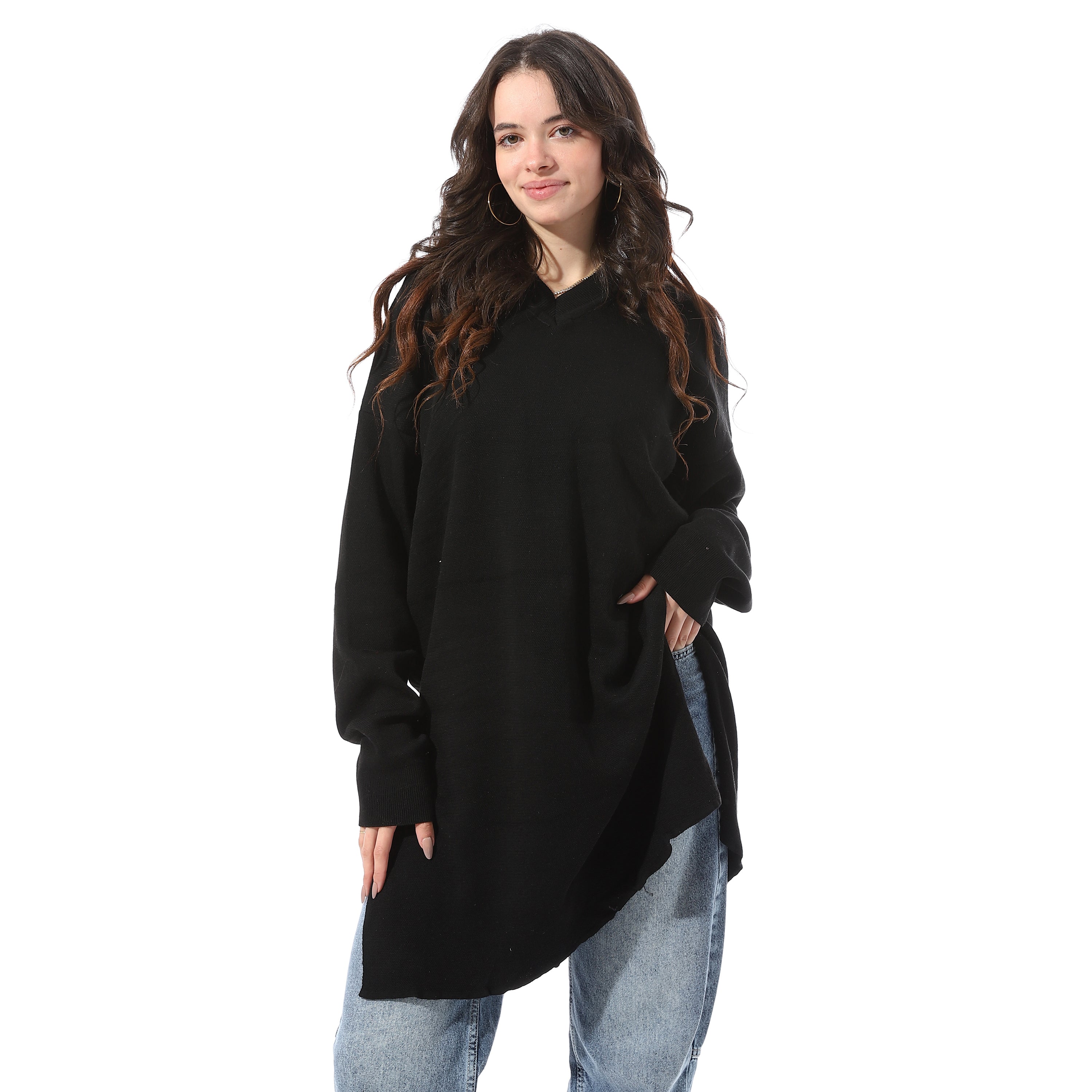 V-Neck_Loose_Fit_Long_Pullover_With_Slits_-_Black