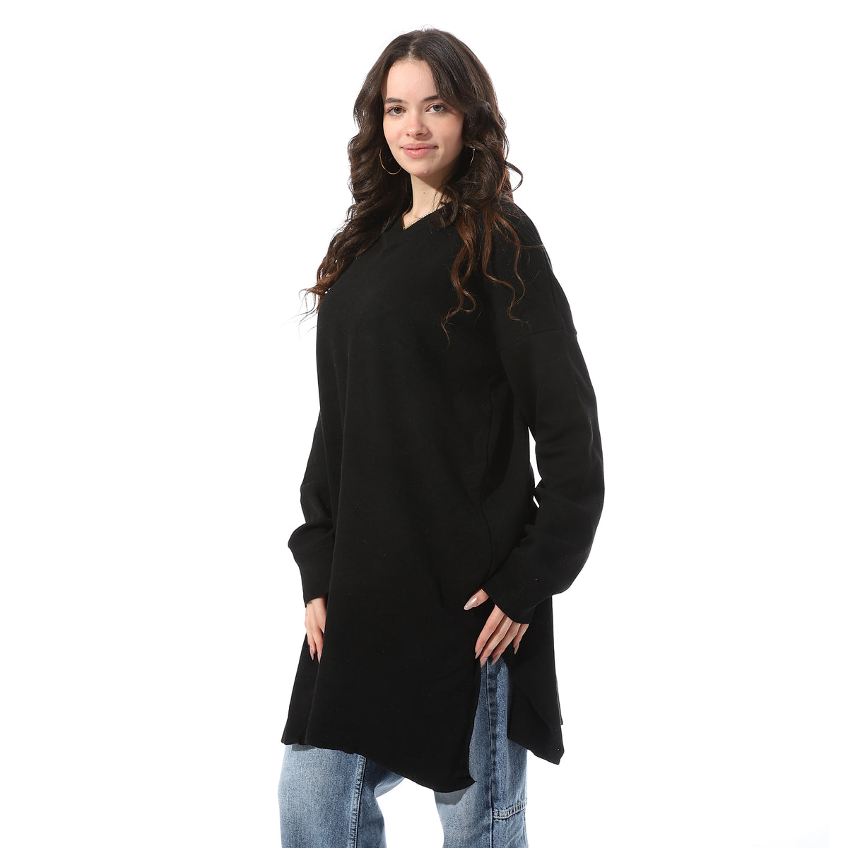 V-Neck_Loose_Fit_Long_Pullover_With_Slits_-_Black