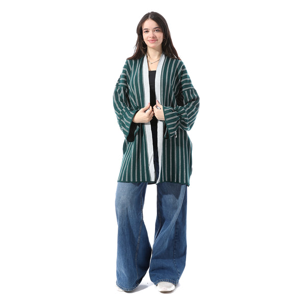 Wide_Kimono-Style_Sleeves_Mid-Length_Cardigan_-_Green_&_Black