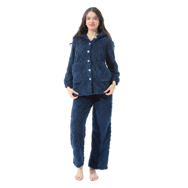 Plush_Buttoned_Comfy_Pajama_Set_-_Navy_Blue