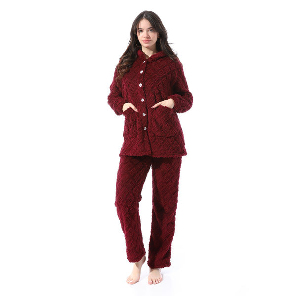 Plush_Buttoned_Comfy_Pajama_Set_-_Burgundy