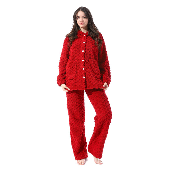 Plush_Buttoned_Comfy_Pajama_Set_-_Red