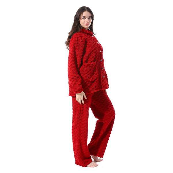 Plush_Buttoned_Comfy_Pajama_Set_-_Red