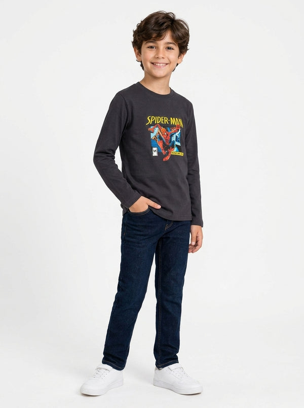 Cotton Boys T-Shirt With Chest Print - Dark Grey