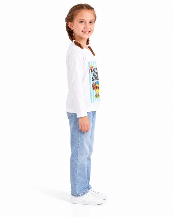 Girls Long Sleeves T-Shirt With Chest Print - White