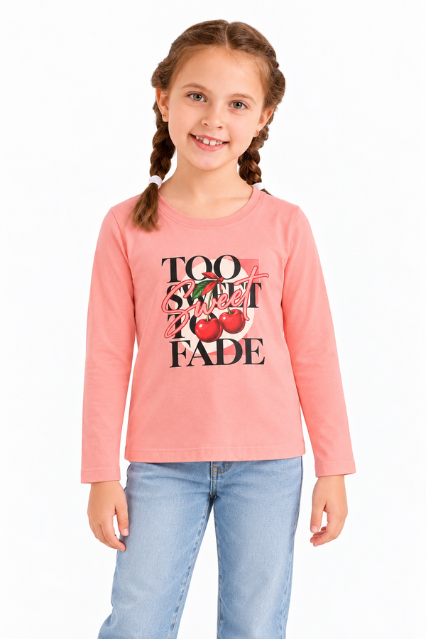 Round Neck Girls Cotton T-Shirt With Front Print – Orange