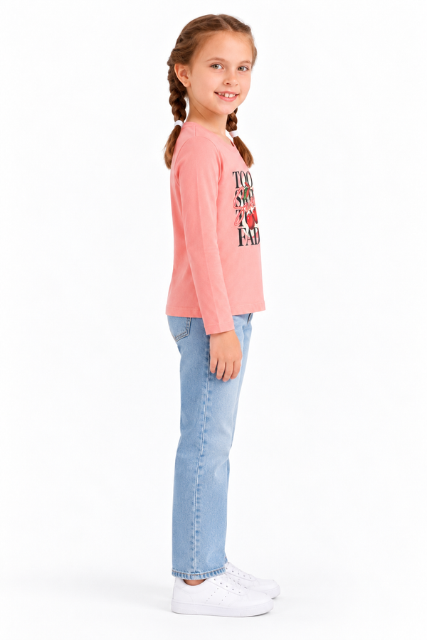 Round Neck Girls Cotton T-Shirt With Front Print – Orange