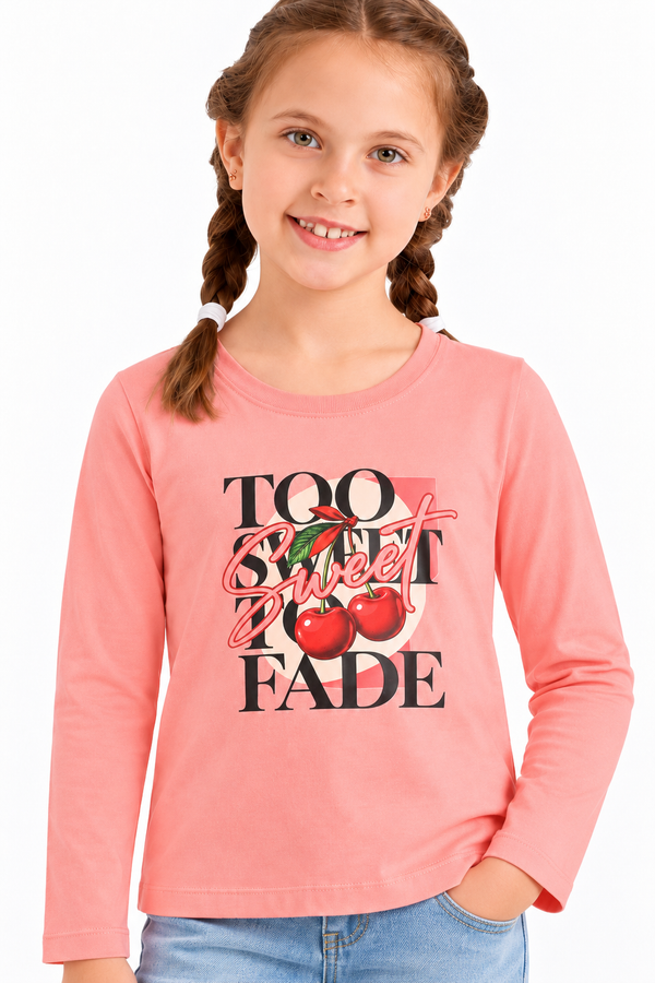 Round Neck Girls Cotton T-Shirt With Front Print – Orange