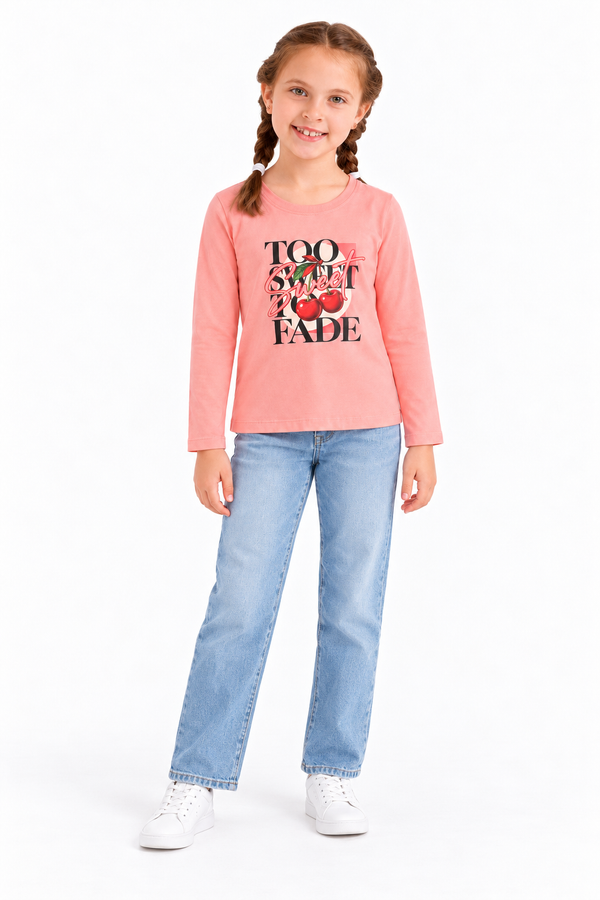 Round Neck Girls Cotton T-Shirt With Front Print – Orange