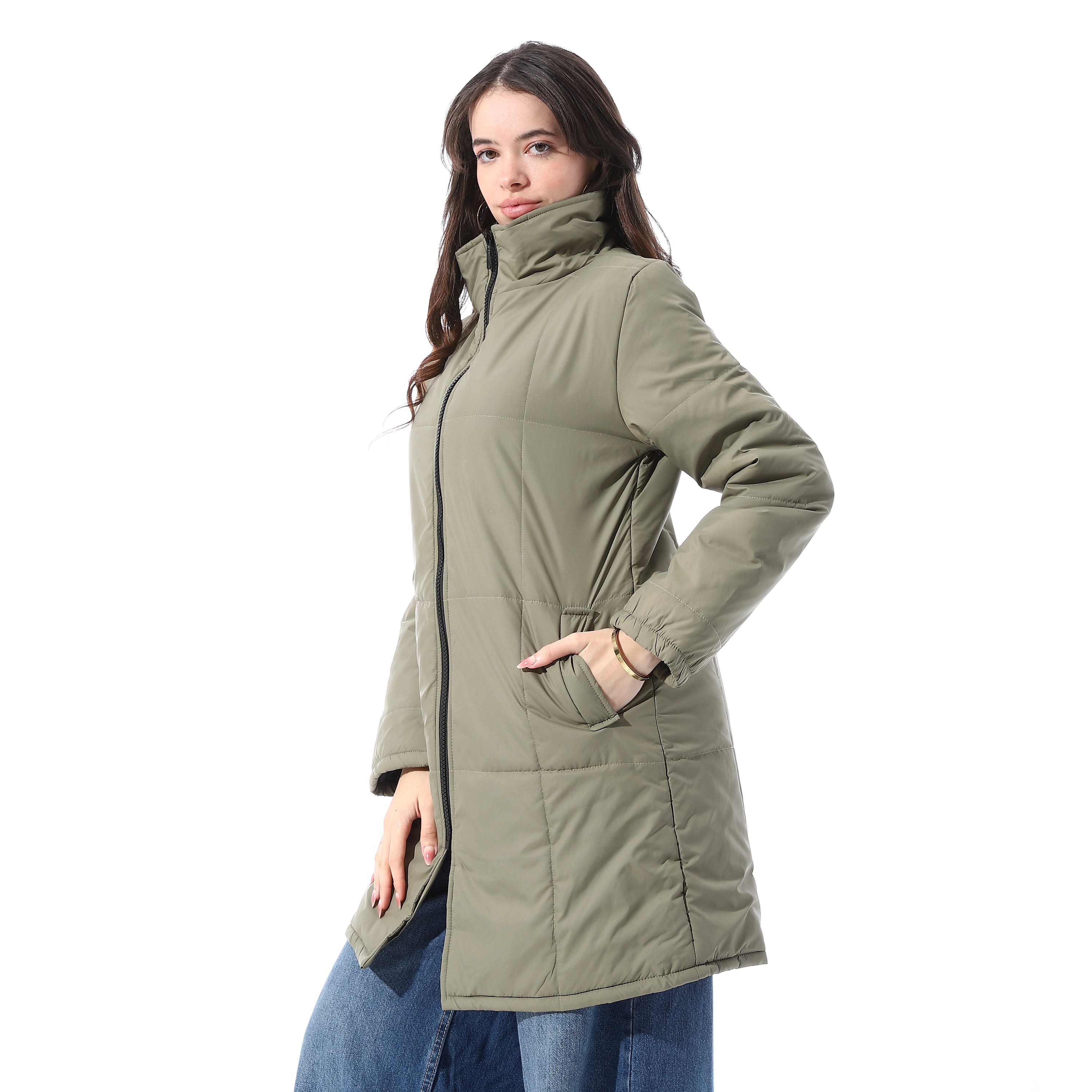 Zipper_Polyester_Coat_With_Front_Pocket_-_Olive
