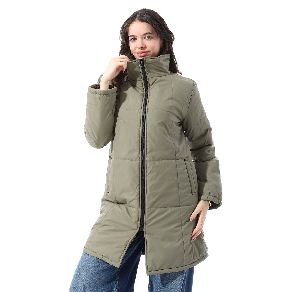 Zipper_Polyester_Coat_With_Front_Pocket_-_Olive