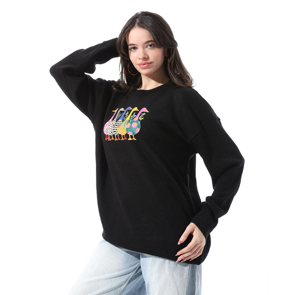 Ribbed_Cuffs_Patterned_Pullover_-_Black