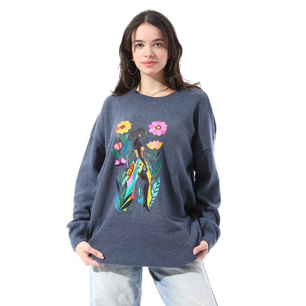 High Low Slip On Patterned Pullover - Heather Navy Blue