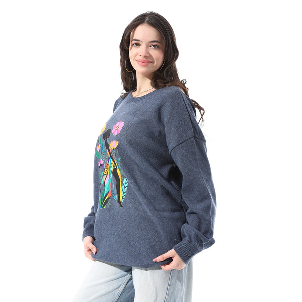 High Low Slip On Patterned Pullover - Heather Navy Blue