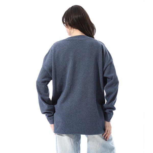 High Low Slip On Patterned Pullover - Heather Navy Blue