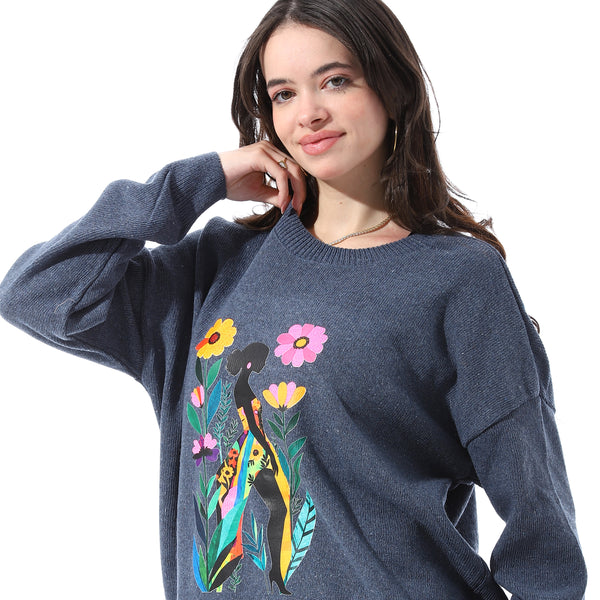 High Low Slip On Patterned Pullover - Heather Navy Blue
