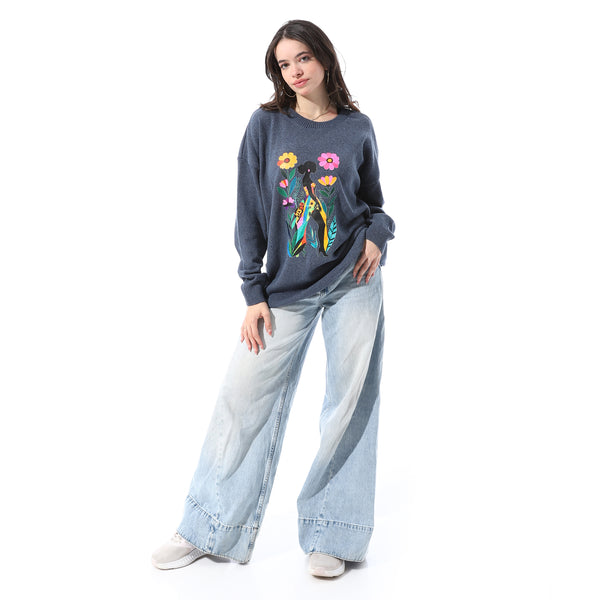 High Low Slip On Patterned Pullover - Heather Navy Blue
