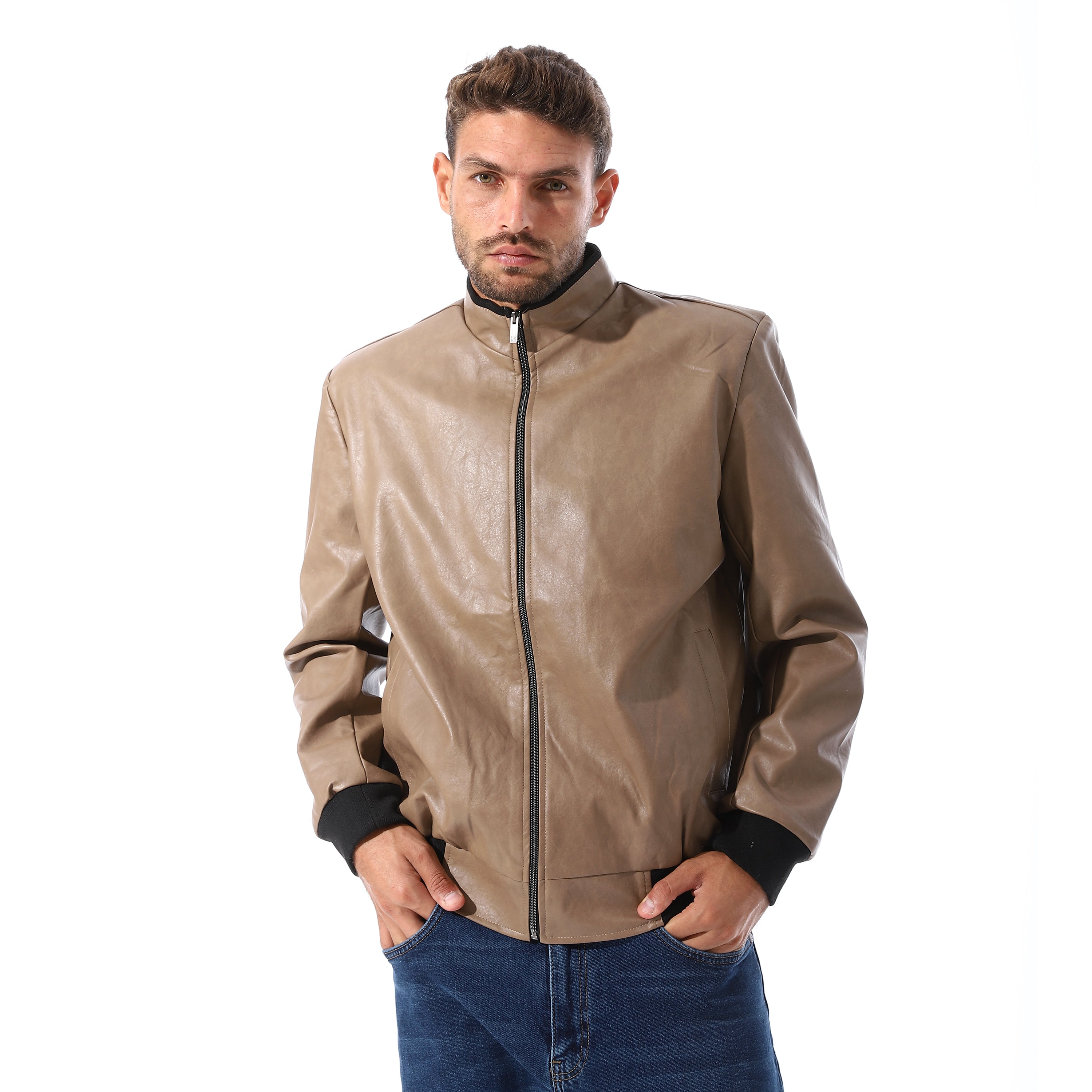 Leather_Zipper_Jacket_With_Black_Cuffs_-_Camel