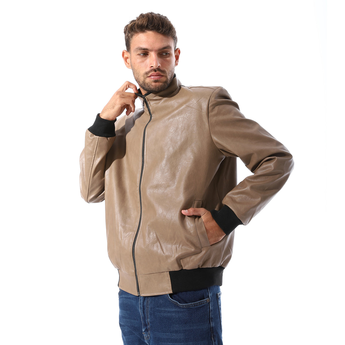 Leather_Zipper_Jacket_With_Black_Cuffs_-_Camel