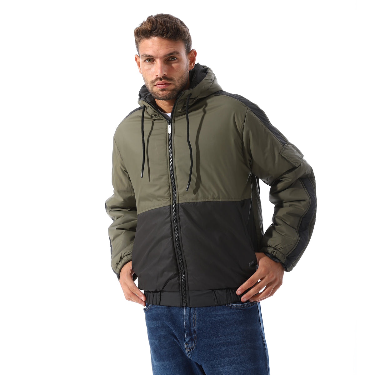 Two_Tone_Color_Block_Zipper_Jacket_-_Olive_&_Black