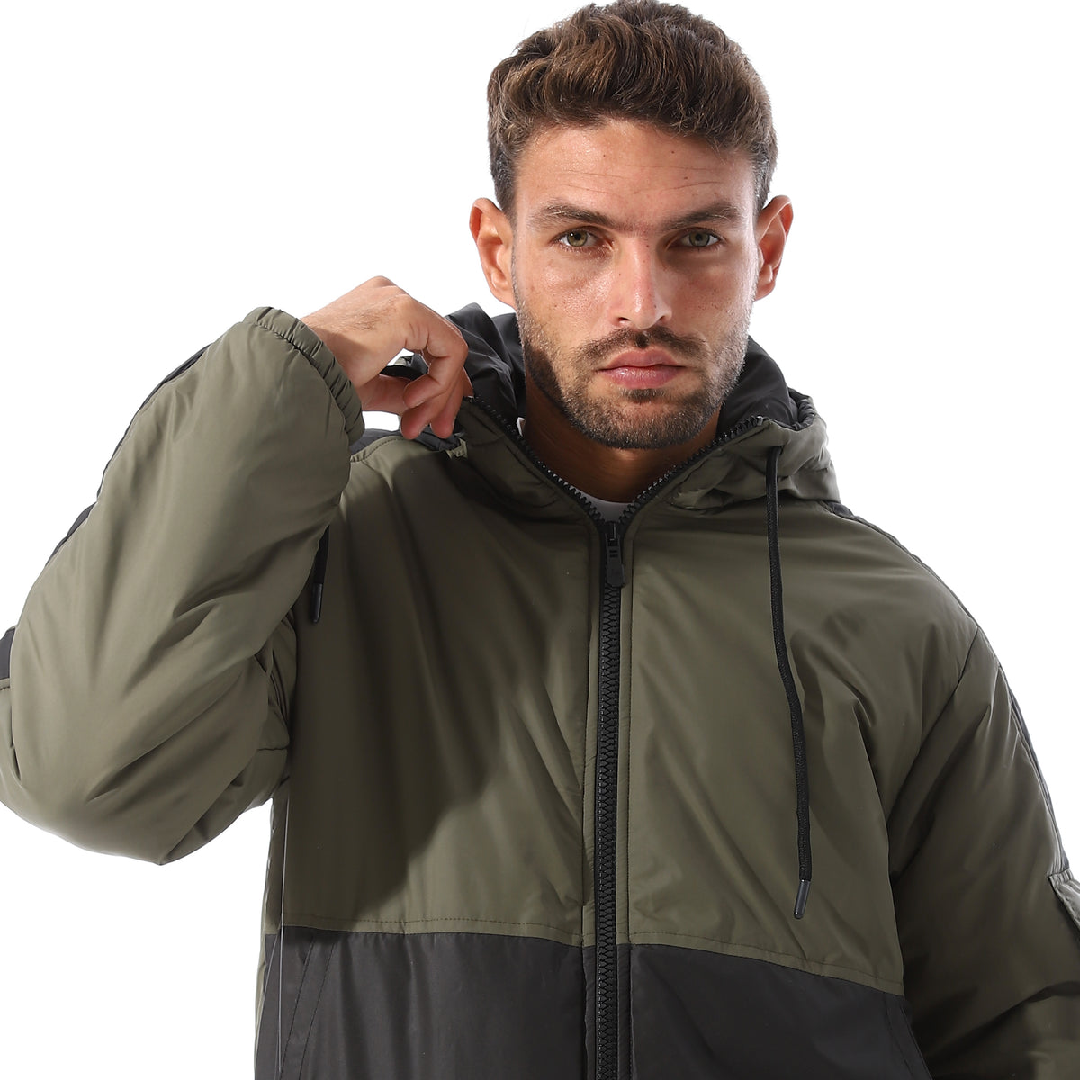 Two_Tone_Color_Block_Zipper_Jacket_-_Olive_&_Black