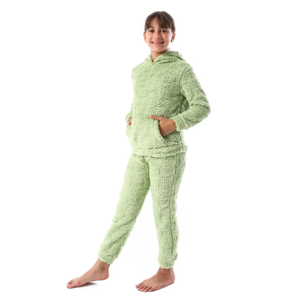 Lattice_Pattern_Fur_Hooded_Girls'_Pajama_-_Light_Green