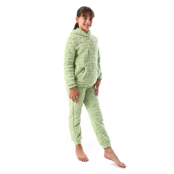 Lattice_Pattern_Fur_Hooded_Girls'_Pajama_-_Light_Green