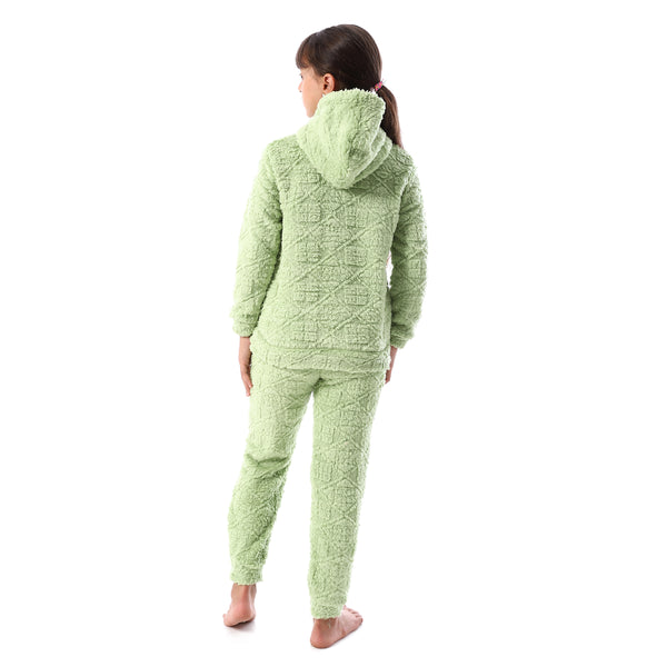 Lattice_Pattern_Fur_Hooded_Girls'_Pajama_-_Light_Green