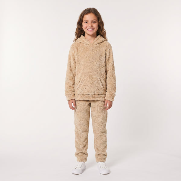 Kangaroo Pockets Slip On Fur Hooded Girls Pajama - Light Beige