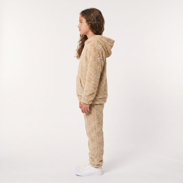 Kangaroo Pockets Slip On Fur Hooded Girls Pajama - Light Beige