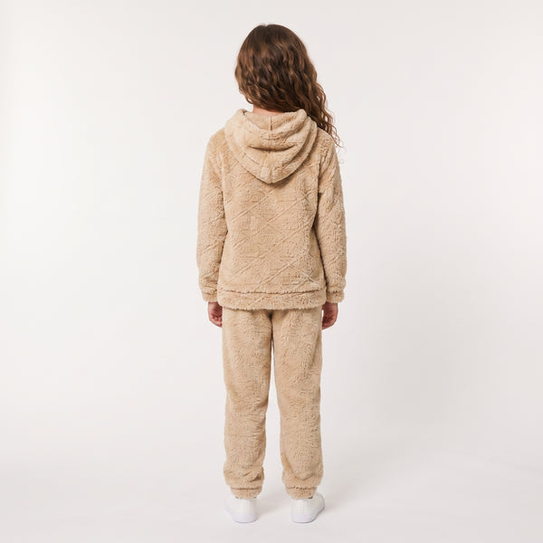 Kangaroo Pockets Slip On Fur Hooded Girls Pajama - Light Beige