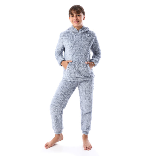 Lattice_Pattern_Fur_Hooded_Girls'_Pajama_-_Light_Blue