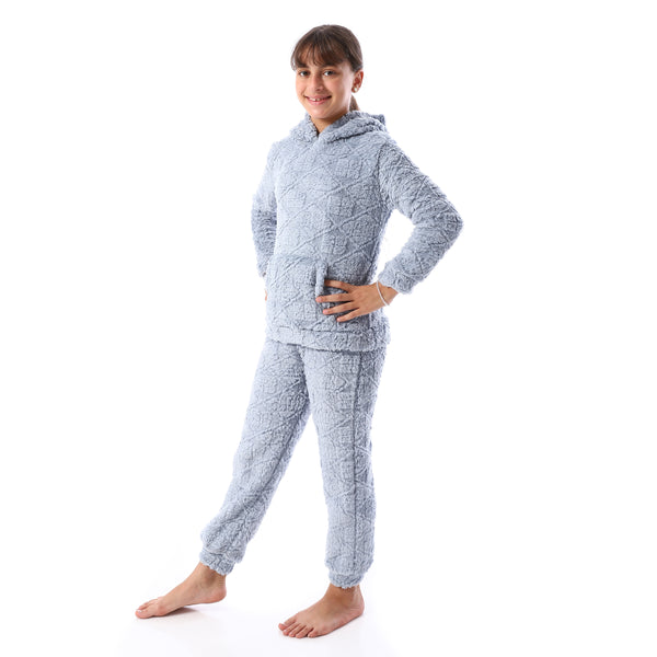 Lattice_Pattern_Fur_Hooded_Girls'_Pajama_-_Light_Blue