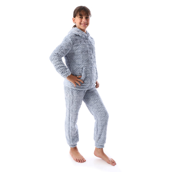 Lattice_Pattern_Fur_Hooded_Girls'_Pajama_-_Light_Blue