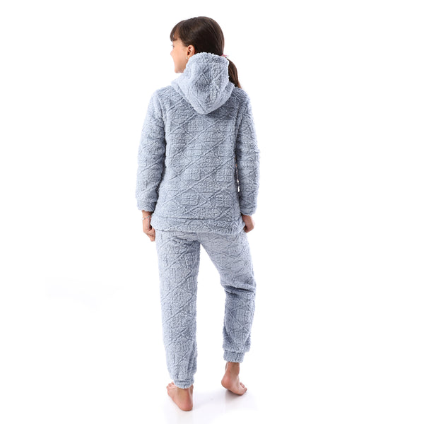 Lattice_Pattern_Fur_Hooded_Girls'_Pajama_-_Light_Blue
