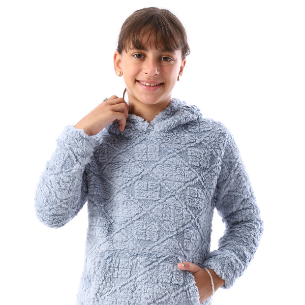 Lattice_Pattern_Fur_Hooded_Girls'_Pajama_-_Light_Blue