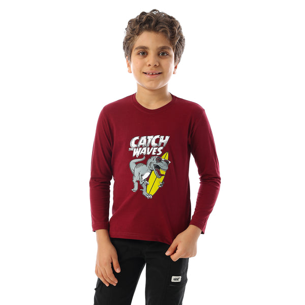 Long Sleeves Crew Neck Printed Boys T-Shirt - Maroon