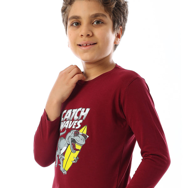 Long Sleeves Crew Neck Printed Boys T-Shirt - Maroon