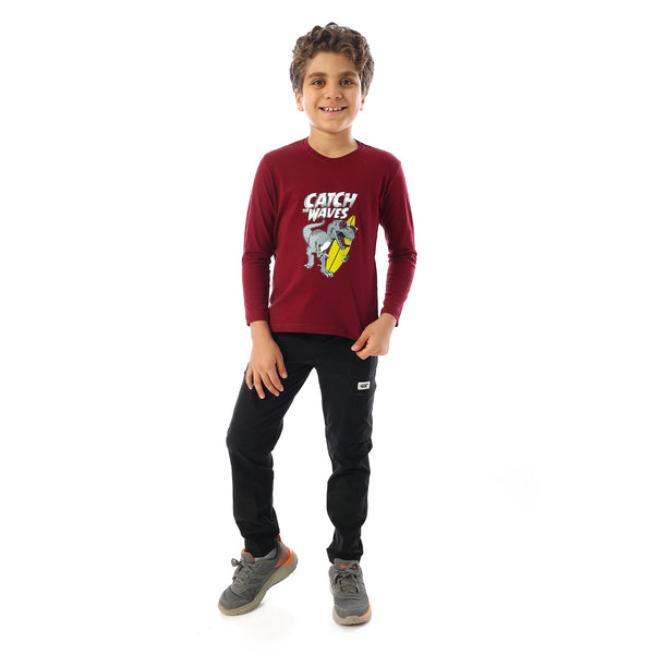 Long Sleeves Crew Neck Printed Boys T-Shirt - Maroon