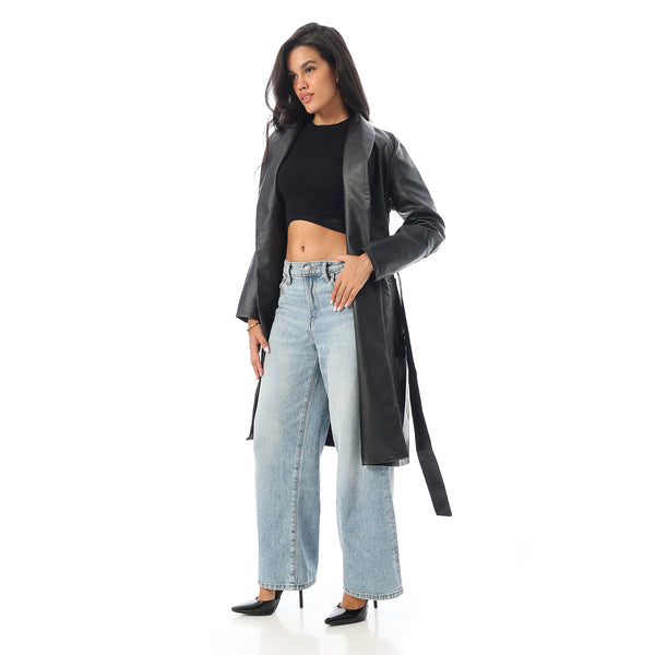 Shawl_Collar_Faux_Leather_Elegant_Coat_-_Black