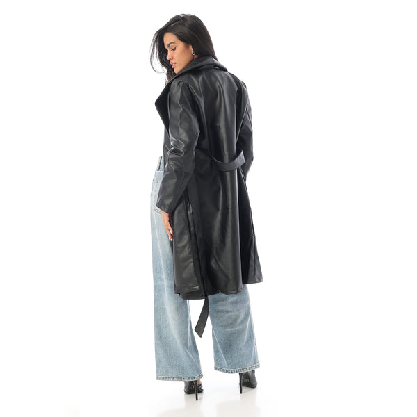Shawl_Collar_Faux_Leather_Elegant_Coat_-_Black