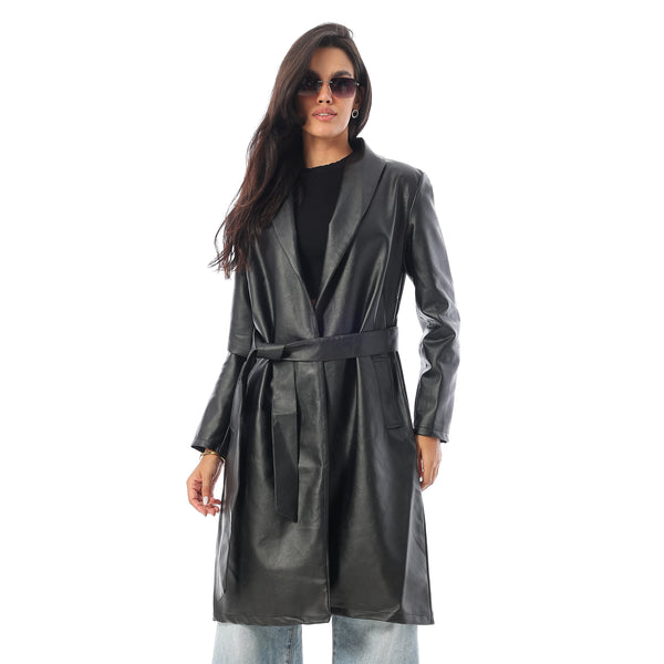 Shawl_Collar_Faux_Leather_Elegant_Coat_-_Black