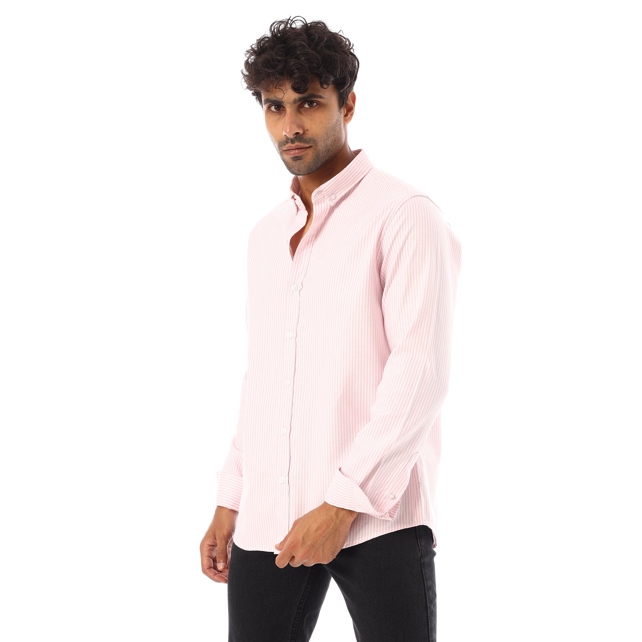 Turn Down Collar Striped Oxford Shirt - Rose