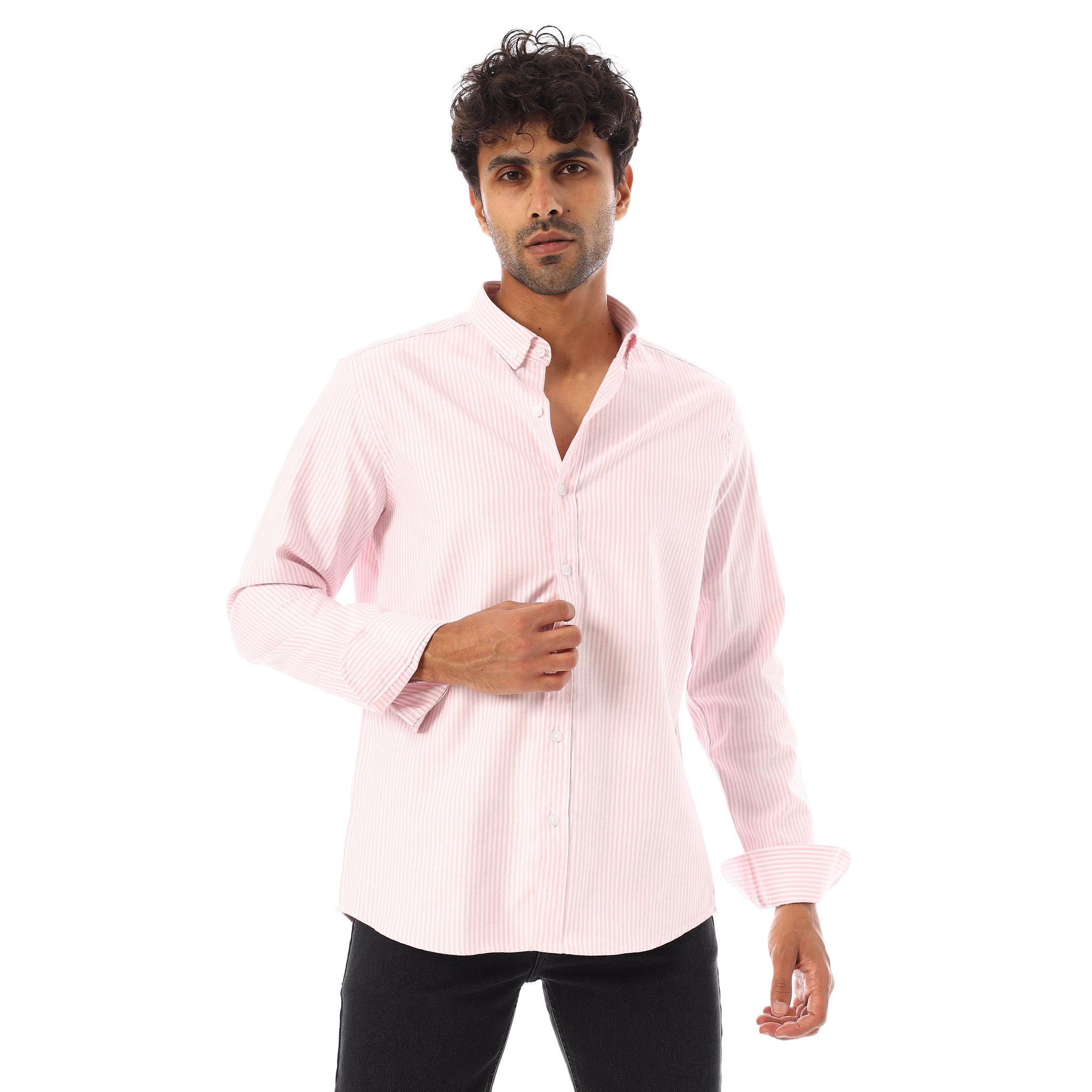 Turn Down Collar Striped Oxford Shirt - Rose