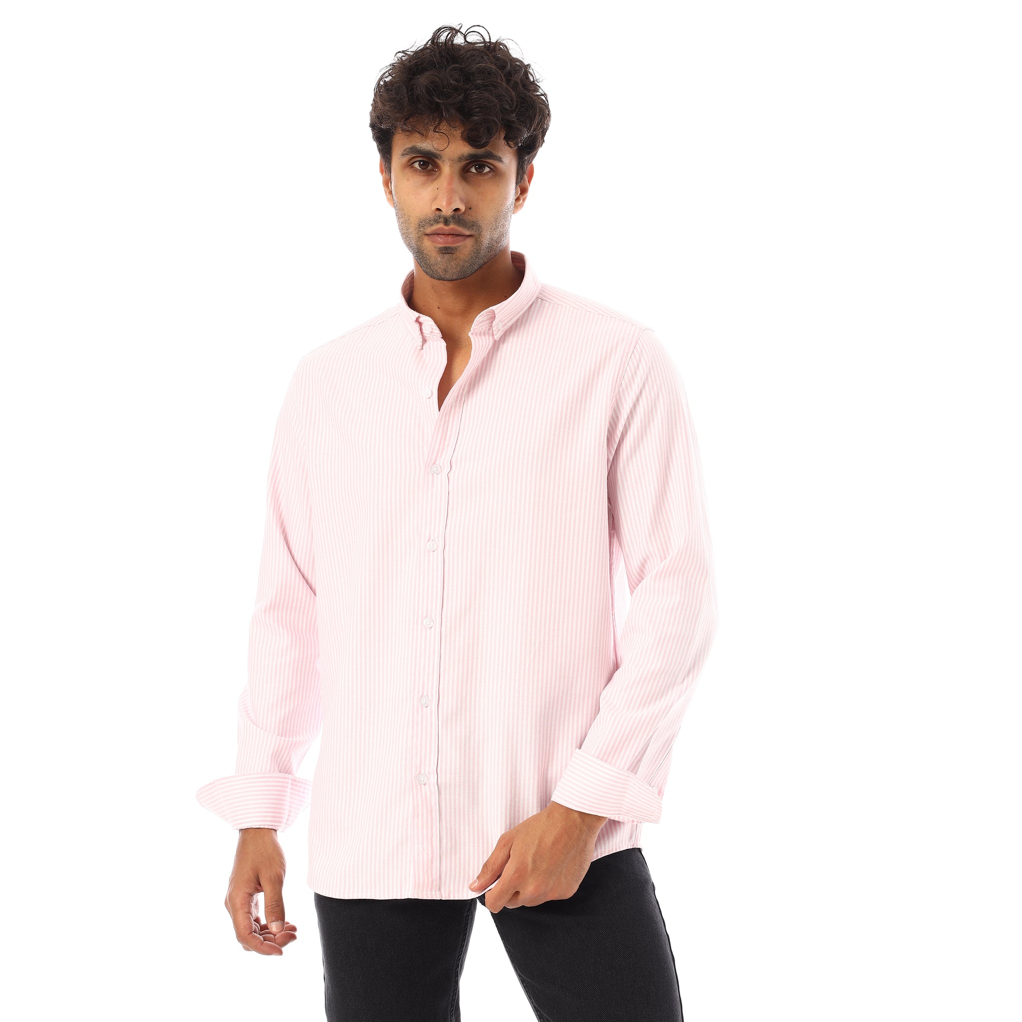 Turn Down Collar Striped Oxford Shirt - Rose